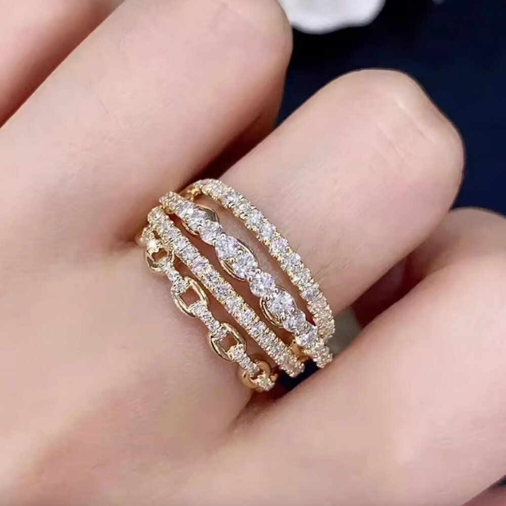 NEW 18k Yellow Gold Diamond Ring Band Multi Layer Diamond Wide Ring Band